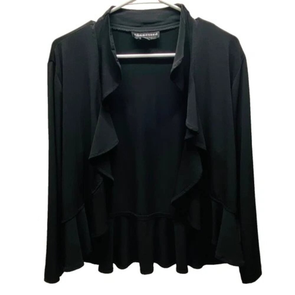 Connected Apparel Open Front Jacket Women's XL Black Lightweight Cover Up Ruffle